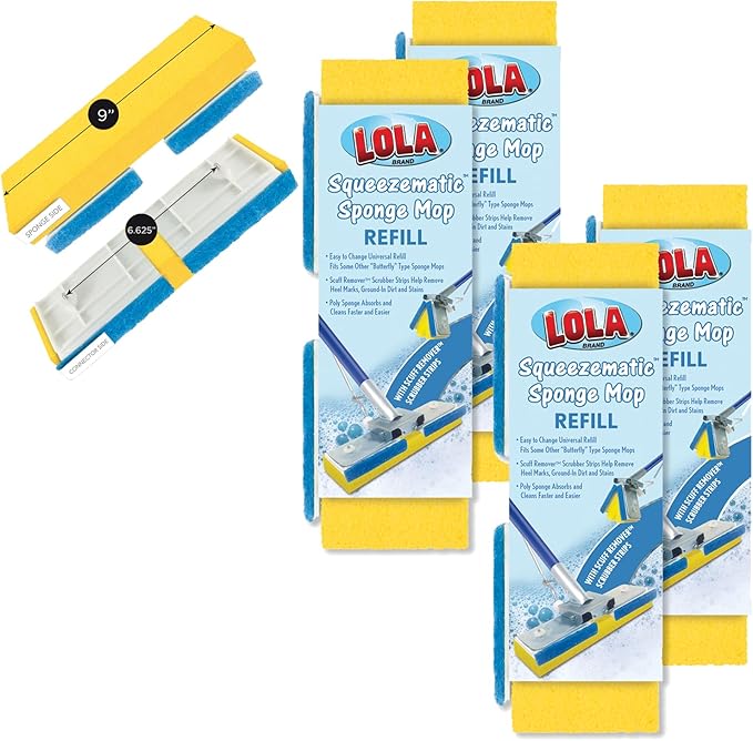 LOLA Squeeze Matic Butterfly Sponge Mop Refill, 9", 4 Pack Replacement Head, Floor Cleaning, Comparable w/Quickie Type S Sponge Mop Refill