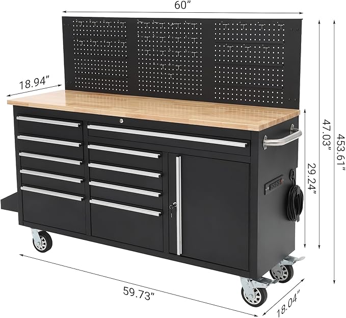Heavy Duty 61 in Tool Chest Cabinet, Mobile Garage Workbench with 10 Drawers and Power Strip, Rubber Wood Worktop, 1675 LBS Load, Rolling Tool Storage Organizer for Mechanic, Shop or Home Use