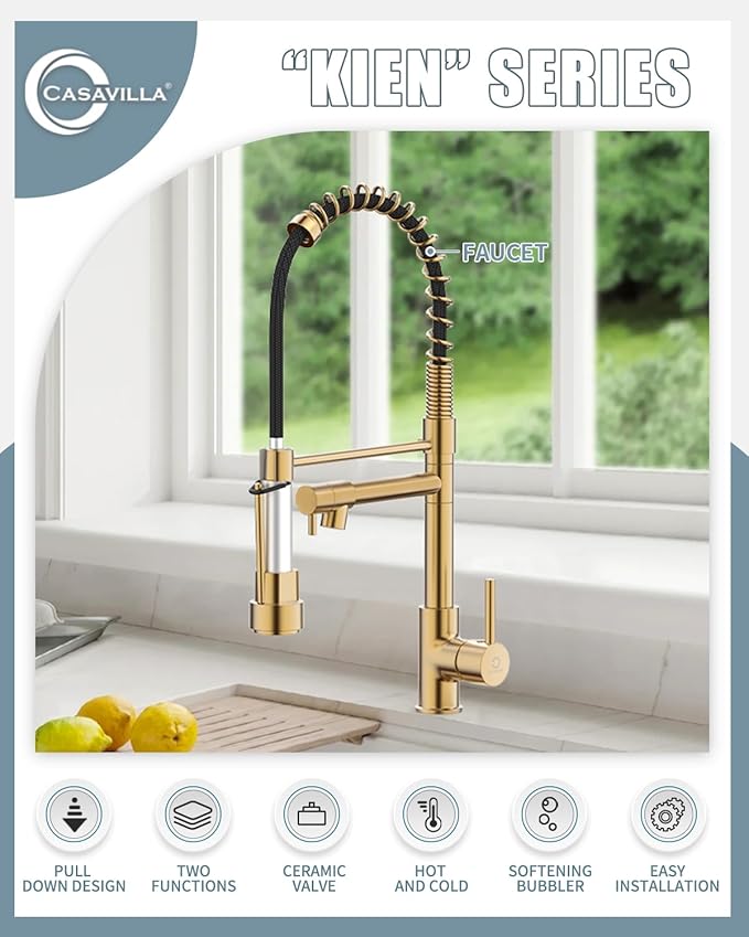 Kitchen Faucets with Pull Down Sprayer, Brushed Gold Faucet for Kitchen Sink with Dual Function Spray Head, Commercial Spring Single Hole Kitchen Sink Faucet with Dual Function Spray Head
