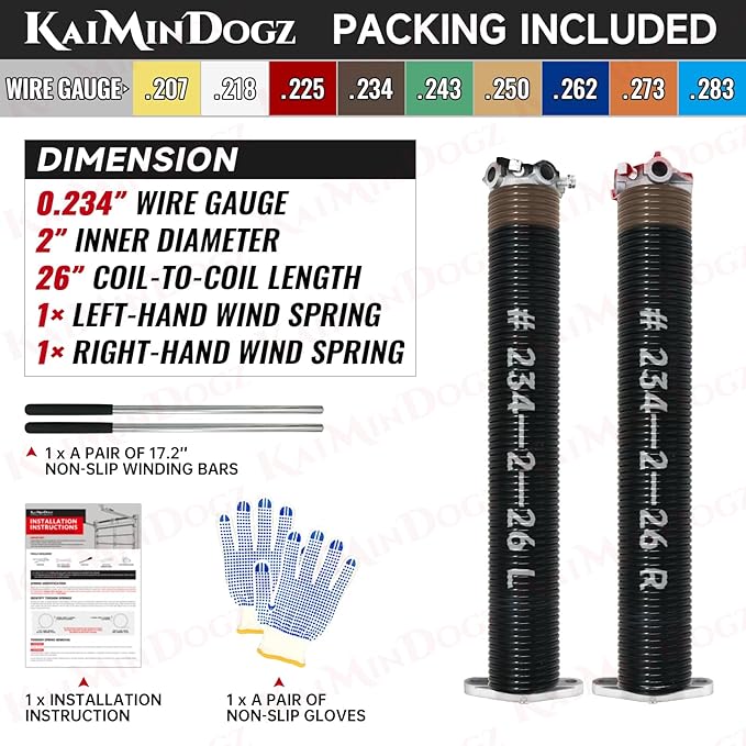 Pair of 2" Garage Door Torsion Springs Set with Non-Slip Winding Bars & Gloves, High Quality Precision Electrophoresis Black Coated, for Replacement & Installation, MIN 16,000 Cycles (0.234x2''x26'')