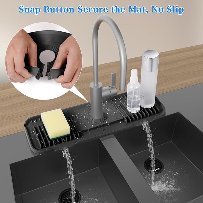 Kitchen Faucet Mat, DK-SIMINA Silicone Faucet Mat Silicone Faucet Drip Catcher with Cuttable Circular Central for Kitchen Sink, Tailor-Made for Faucets with Deck Plate【Black】