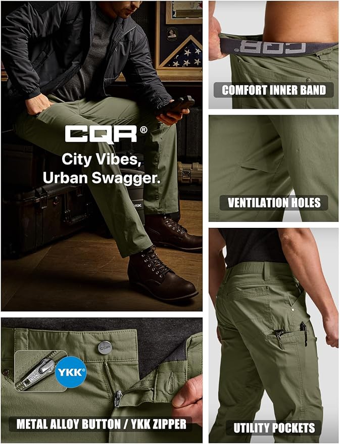 CQR Men's Vent Stretch Pants, Quick Dry Lightweight Casual Cargo Pants, Water Resistant Straight-Fit Utility Work Pants