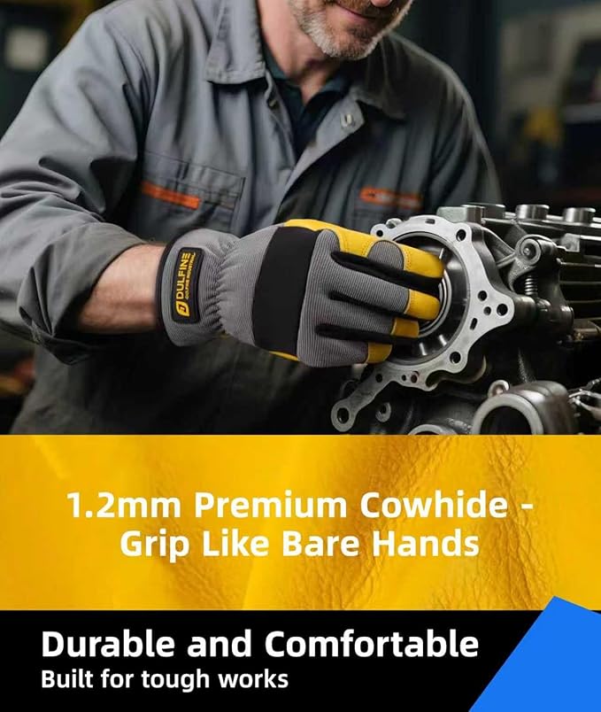 DULFINE Cow Leather Palm Mechanic Work Gloves for Men & Women,Flexible Breathable Fit-Padded Knuckles,Ideal for Construction Yardworks DIY
