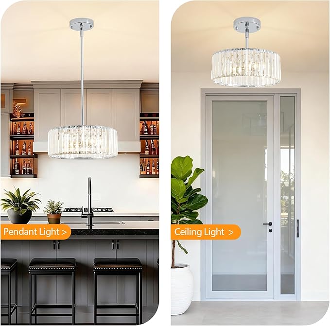3-Light Modern Crystal Chandelier for Dining Room,Small Gold Semi Flush Mount Ceiling Light Fixtures,12'' Round Kitchen Hallway Pendant Lighting Fixture, for Entryway Foyer Laundry Room