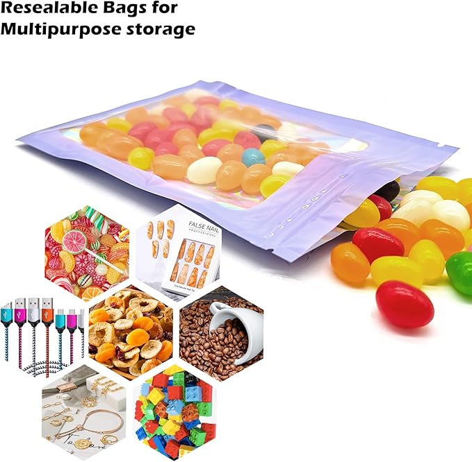 300 Pcs Holographic Mylar Bags, 3 Size Smell Proof Bags with Clear Window Foil Pouch Bags Resealable Bags for Small Business and Food Storage, Purple