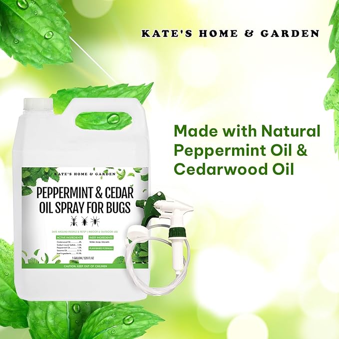 Kate's Home & Garden Peppermint Oil Spray for Bugs, Ants, Insects, Spiders. Pesticide and Insecticide Indoor Repellent Pest Control with Cedarwood Oil (Gallon, Natural, Pet Safe, Non Toxic)