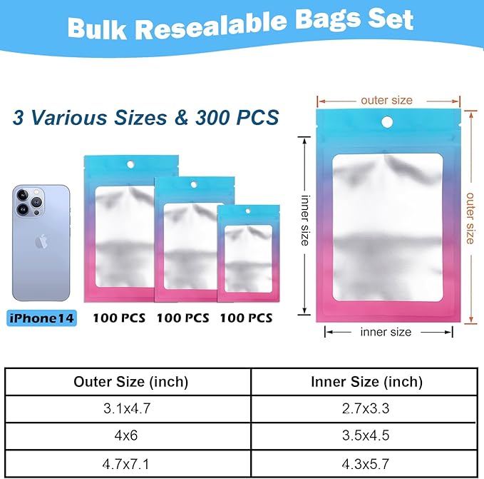 300 Pcs Gradient Mylar Bags, 3 Size Smell Proof Bags with Clear Window Foil Pouch Bags Resealable Bags for Small Business and Food Storage, Blue Pink