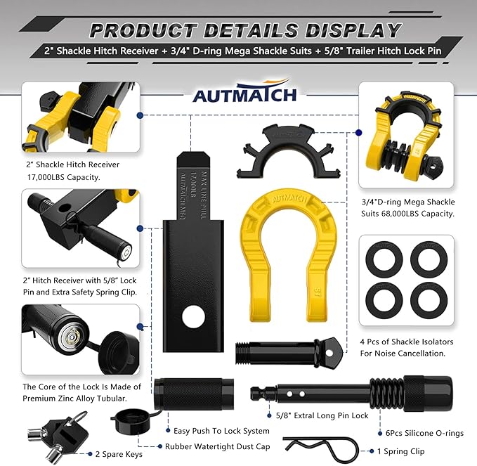 AUTMATCH Shackle Hitch Receiver 2" with 3/4" Mega D Ring Shackle and 5/8" Trailer Hitch Lock Pin, 68,000 Lbs Break Strength Heavy Duty Receiver Towing Kit for Off-Road Vehicle Recovery, Black & Yellow