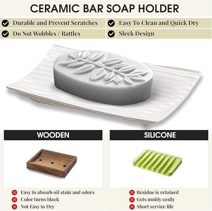 Modern Zen White Soap Dish - 4.9 x 3 Inches - Durable Ceramic Bar Soap Holder with Soap Saver Ridges, Non Slip Feet - Soap Dish for Shower, Bathroom and Kitchen