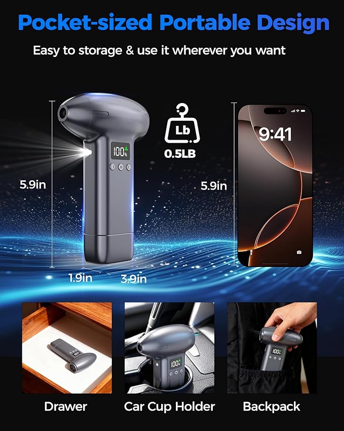 Upgraded Compressed Air Duster-300000RPM Ultra-Powerful Brushless Motor Electric Air Duster 30W Fast Charging &4 Light Modes,Rechargeable 3-Gear Adjustable Cordless Blower for PC,Keyboard,Car,Outdoor