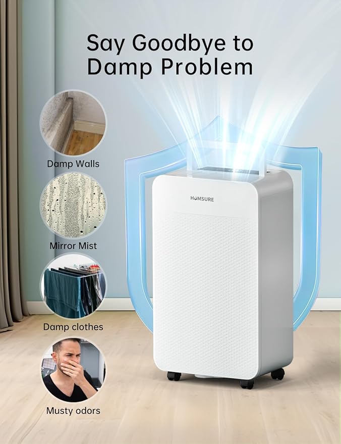 HUMSURE 4500 Sq. Ft 80 Pints Dehumidifier Equipped With Drainage Hose, Automatic Defrosting, for Basement, Home, Bathroom, Bedroom,24-Hour Timer Function