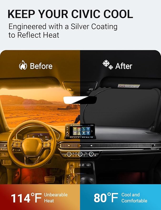 Proadsy 2025 Upgrade Windshield Sun Shade Custom Fit Honda Civic 2022-2024 2025 (Not for 2022 Sport) 4-Layer Foldable Front Sunshade Protector Sun Visor Blocks UV Rays Keep Car Cooler
