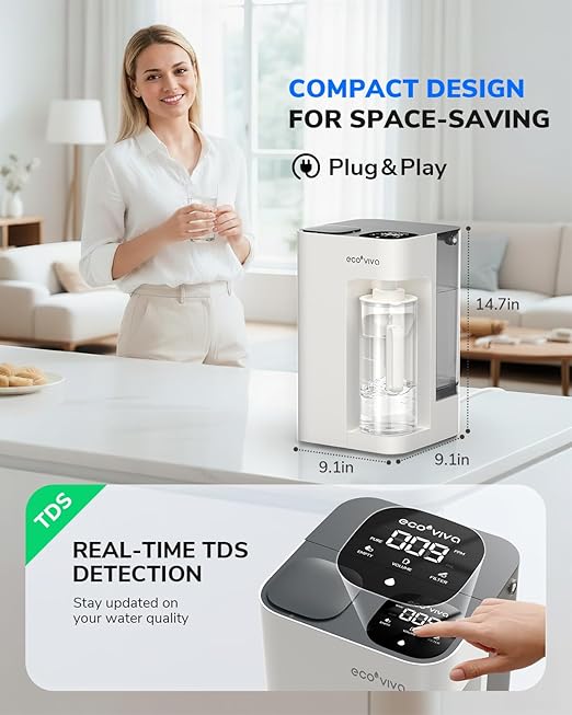 Ecoviva Mate 3 Countertop Reverse Osmosis Water Filter, 8-Stage RO Water Filtration System with 40oz Water Purifier for Home, 3:1 Pure to Drain, Auto Water-Filling, NSF Certified, White