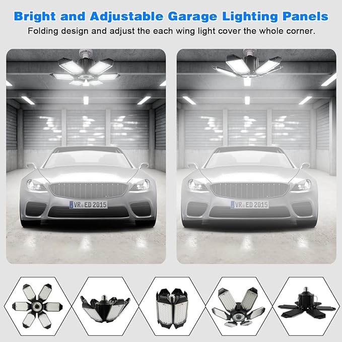 Garage Lights - 2Pack Super Bright 32000LM LED Garage Ceiling Light 6500K LED Shop Light w/ 6 Deformable Panels Screw in E26/E27 Socket Light Bulbs for Workshop Storage Warehouse Attic