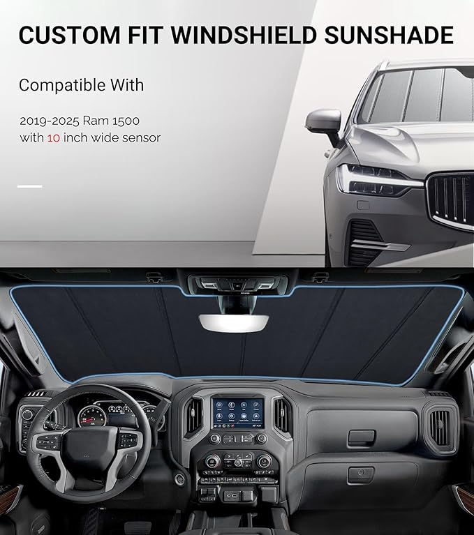 Windshield Sun Shade for Ram 1500 2019-2025 with 10 inch Wide Sensor Front Window Sunshade - Safeguard
