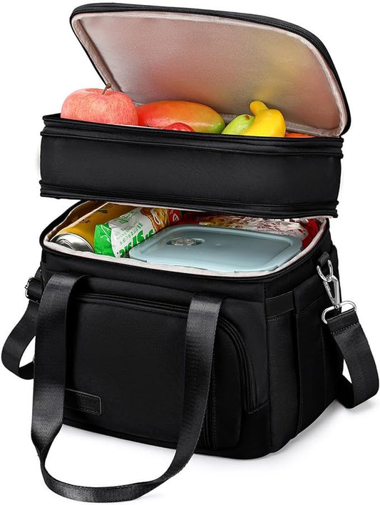 Lunch Box for Men Women - Double Deck Insulated Lunch Bag, Large Leak Proof Tote Cooler, Wide Open Dual Compartment Lunch Bags with Shoulder Strap, For Work Picnic Hiking Beach, Black