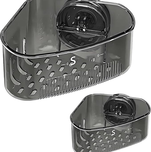 Kitchen Sink Storage Rack Suction Cup Corner Organizer for Sinks Drill-Free Triangular Sink Rack with Drain Basket Includes Adhesive Sponge and Soap Dish 2-Piece Set for Countertop Organization
