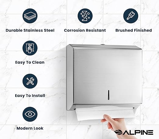 Alpine Commercial Paper Towel Dispenser Wall Mount for Multifold, Trifold & c Fold Paper Towel Holder - Stainless Steel Hand Towel Dispenser for Bathroom & Kitchen