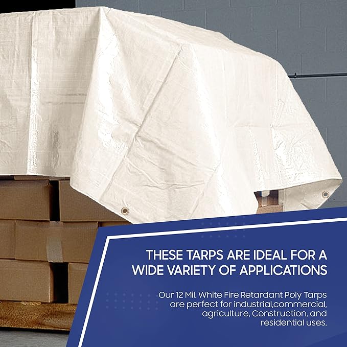 Tarps Now 10x30 Feet Fire Retardant Poly Tarp |12 MIL Heavy Duty Waterproof Cover |Rip and Tear Proof Plastic Tarp with Rustproof Aluminum Grommets & Reinforced Edges |Ideal for Camping - White