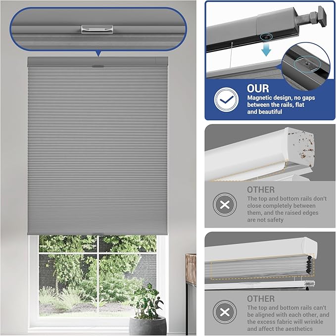 No Drill No Tools Cellular Shades Top Down Bottom Up Blackout Blinds for Windows Cordless Honeycomb Window Shades Easy to Install for Home,Blackout-Grey,59" W x 48" H