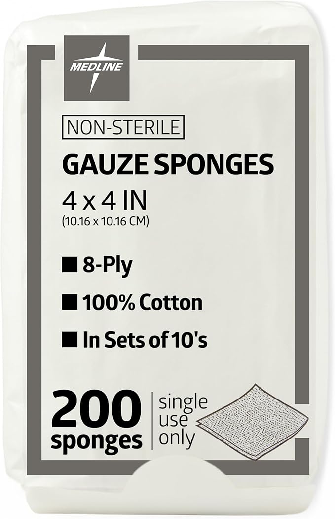 Medline 4 x 4 Inch Gauze Sponges, Non-Sterile 8-Ply Woven Gauze, 100% Cotton, Ideal for Wound Dressing, Wound Care, General First Aid Use, Pack of 200
