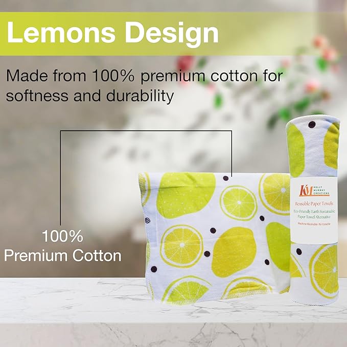 Pack of 10 Reusable Paper Towels | 10x10 Inch Cotton Towels | Kitchen Utensils Print | Eco Friendly, Washable, Quick Drying | Sustainable Cleaning Cloths | Lemons