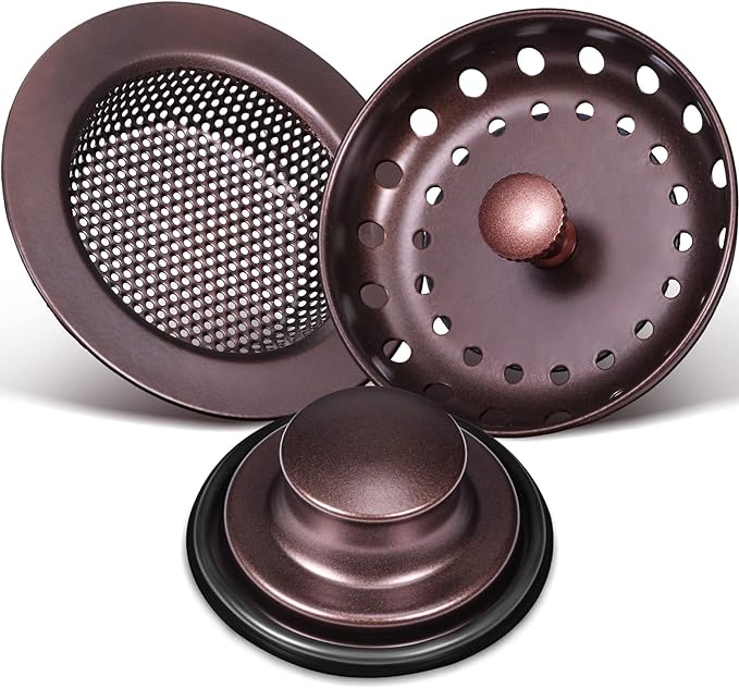 Mudder 3 Pcs Kitchen Sink Drain Strainer and Stopper Stainless Steel Garbage Disposal Plug with Handle Universal Anti-Clogging Kitchen Sink Filter Sieve Basket Strainer(Oil Rubbed Bronze)