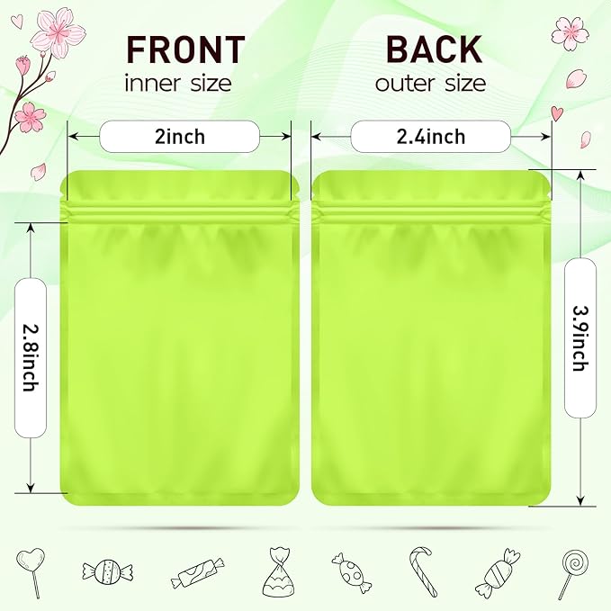 Funfery 100 Pack Green Mylar Packaging Bags Resealable Bags Double Sided Color Odor Proof Pouch Baggies Smell Proof Foil Bag for Food Storage,Small Business(Green,2.4x3.9inch)