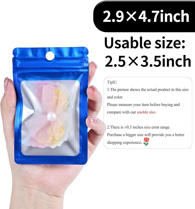 100 Pack Resealable Plastic Bags for Food Storage, Zipper Bags with Clear Front Window, Packaging Pouch for Small Business (Blue, 2.9x4.7 inch)