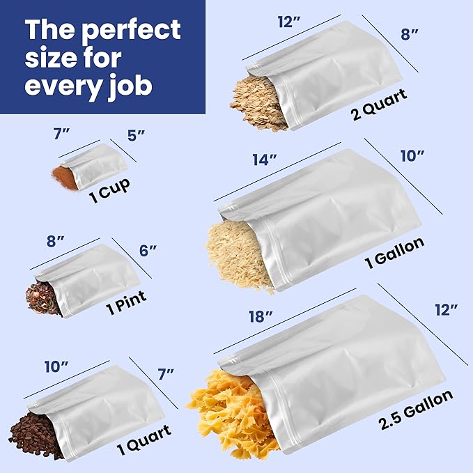 Wallaby 50 Count 1-Quart Gusset Mylar Bags with Labels, 12 Mil Total Thickness Long-Term Food Storage Pouches, 15x12 Stand-Up Zipper Heat-Sealable Airtight Packaging - Silver