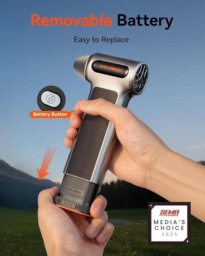WOLFBOX MF200 Electric Air Duster with Removable Battery & 4 Nozzles, Cordless 3-Speed Adjustable Mini Blower for Computer Keyboard, Car Cleaning, Home, and Outdoor Use