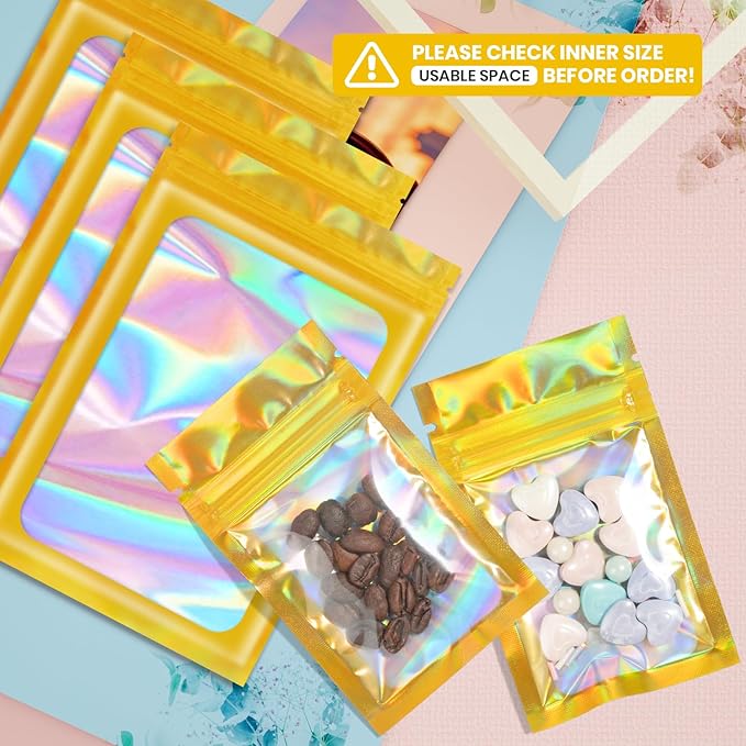 Funfery 100 pcs Gold Mylar Holographic Resealable Bags,Clear Packaging Bag Odor Proof Foil Pouch Bag for Food Storage, Lipgloss, Jewelry, Eyelash Packaging for Small Business - 2.4 x 3.9Inch