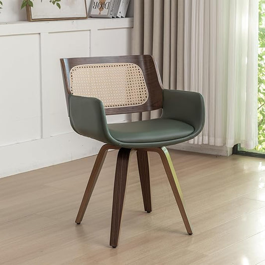 Set of 1 Dining Room Chairs with Arms - Swivel Cane Dining Chairs with Ergonomic Rattan Back, Walnut Bentwood Frame, Curved Arms, Versatile for Restaurant/Living Room/Kitchen (Walnut Green)