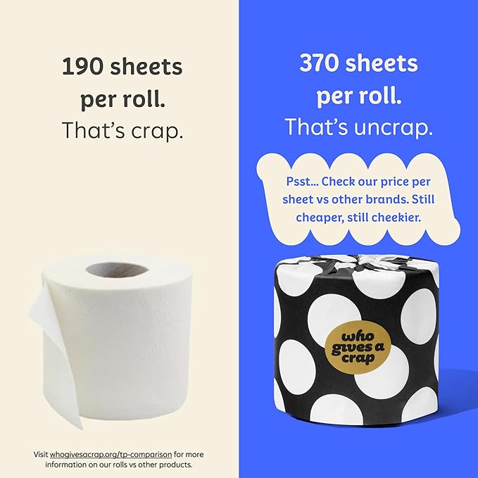 Who Gives A Crap 100% Bamboo Toilet Paper, 48 Rolls, 3 Ply, 370 Sheets, Long, Strong & Soft Toilet Tissue, Sustainable, Biodegradable, Renewable, Tree Free Bathroom Tissue Bulk Toilet Paper