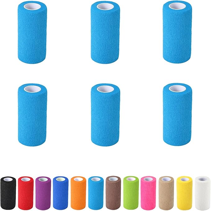 6 Pack Self Adhesive Bandage Wrap, 4 in x 5 Yards Non-Woven Self Adherent Cohesive Bandage, Vet Wrap Wound Tape for Thumb Finger Wrist Knee Ankle, Blue