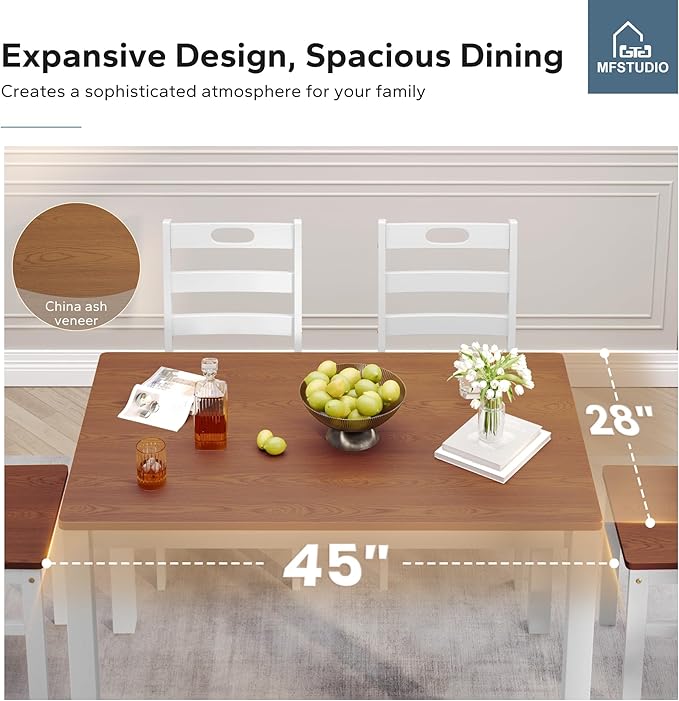 MFSTUDIO Dining Table Set for 4, 5-Piece Kitchen Table with 4 Chairs, Wooden Dining Room Table and Solid Wood Chairs, White Walnut