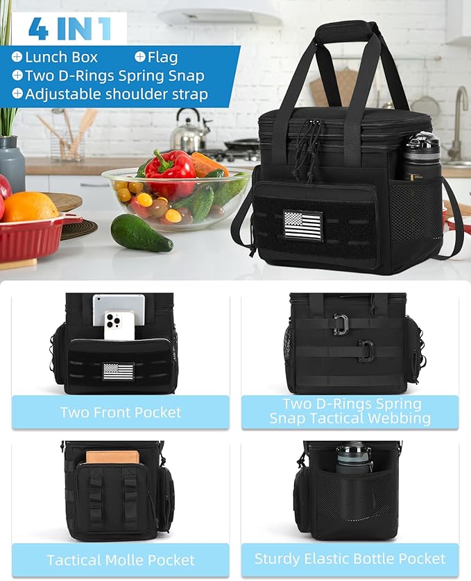 Tactical Lunch Bag & Lunch Box for Men - Large Double Deck Expandable Insulated Soft Adult Lunchbox for Work - Cooler Bag for Beach, Picnic, Camping,Outdoor，Travel (Black,23L)
