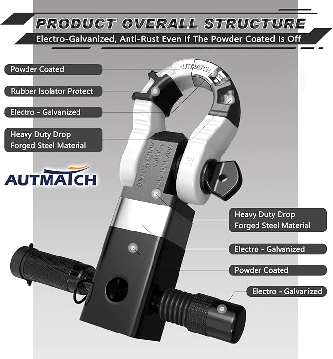 AUTMATCH Shackle Hitch Receiver 2" with 3/4" Mega D Ring Shackle and 5/8" Trailer Hitch Lock Pin, 68,000 Lbs Break Strength Heavy Duty Receiver Towing Kit for Off-Road Vehicle Recovery, Black & White