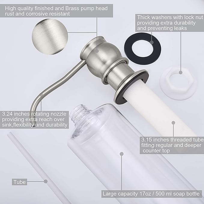 Samodra Kitchen Sink Soap/Lotion Dispenser, Brass Pump Head Brushed Nickel 12 OZ Bottle Built in Design Refill from The Top for Granite Thick Deck Installs
