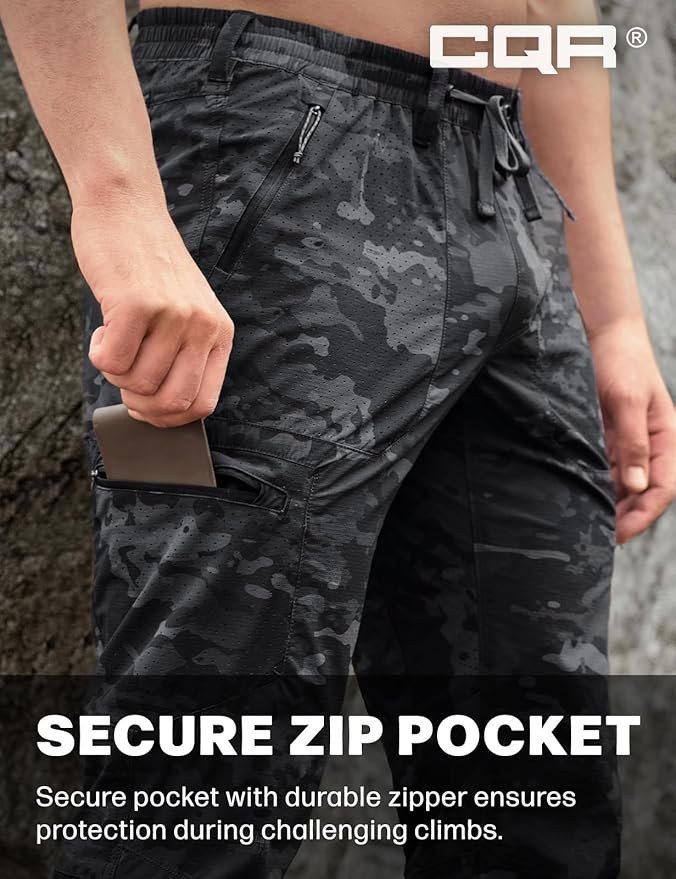 CQR Men's Lightweight Vent Hiking Pants, Water-Resistant & Breathable Sports Outdoor Athletic Pants with Elastic Waist