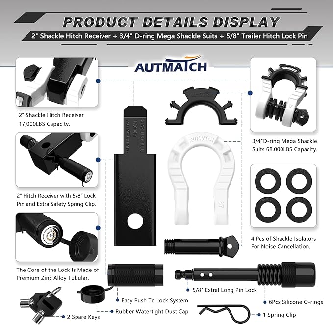 AUTMATCH Shackle Hitch Receiver 2" with 3/4" Mega D Ring Shackle and 5/8" Trailer Hitch Lock Pin, 68,000 Lbs Break Strength Heavy Duty Receiver Towing Kit for Off-Road Vehicle Recovery, Black & White