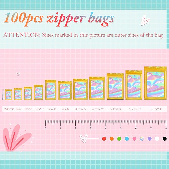 Funfery 100 pcs Gold Mylar Holographic Resealable Bags,Clear Packaging Bag Odor Proof Foil Pouch Bag for Food Storage, Lipgloss, Jewelry, Eyelash Packaging for Small Business - 6.3 x 9.4 Inch
