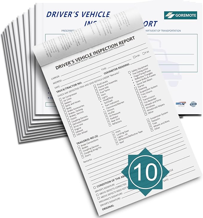 Detailed Driver's Vehicle Inspection Report, 10 Pack, Pre Trip Inspection Book for Trucker, 2-Ply Carbonless, 35 Sets of Forms per DVIR Log Book for Truck Drivers, 8.5" x 5.5"