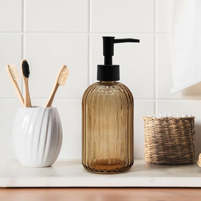 14oz Amber Glass Soap Dispenser with Black Pump – Refillable for Hand Soap, Dish Soap, Lotion, Suited for Kitchen, Bathroom & Laundry Room (Brown)