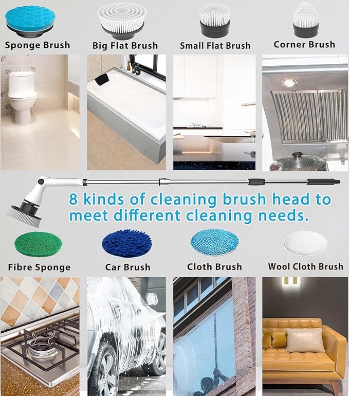 Electric Spin Scrubber, Cordless Cleaning Brush, Rechargeable Scrub Brush with 8 Replaceable Brush Heads, Adjustable Length and Angle Power Scrubber for Bathroom Tile Bathtub Glass