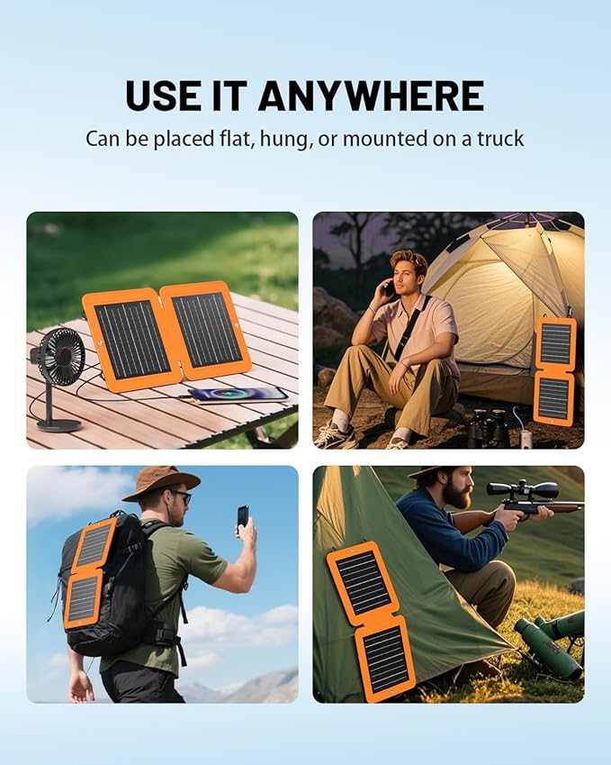 Solar Panels 10W Portable Foldable Solar Charger with 5V USB-A and USB-C Fast Charging Compatible with iPhone, iPad, Samsung, Power Banks, IPX5 Waterproof Perfect for Camping, Hiking, Outdoor