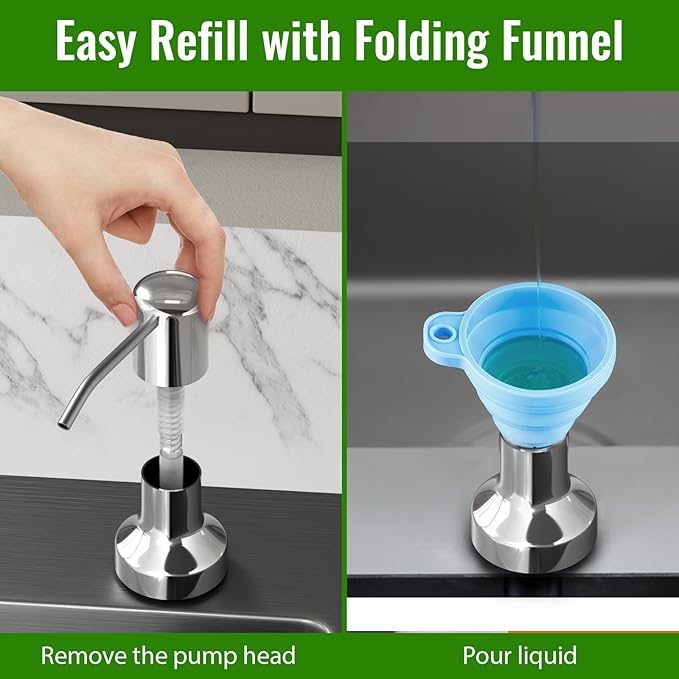 Soap Dispenser for Kitchen Sink, Kitchen Sink Soap Dispenser with 17 OZ Bottle, Refill from The Top Bar, Longer Threaded Shaft Shank, Wide Pump Head Base (Chrome)