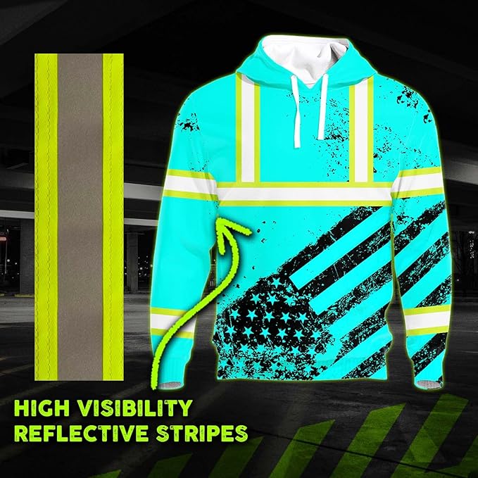 Color US Flag High Visibility Hoodie for Men Women Reflective Tapes Safety Workwear for Worker Runner Patriotic