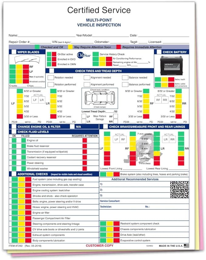 General Motors Multi-Point Inspection Form – GM Vehicle Checklist – 3-Part Carbonless Edge-Glued Pad – White, Canary, Pink – 8.5"×11" Auto Service Form - Pack of 1000