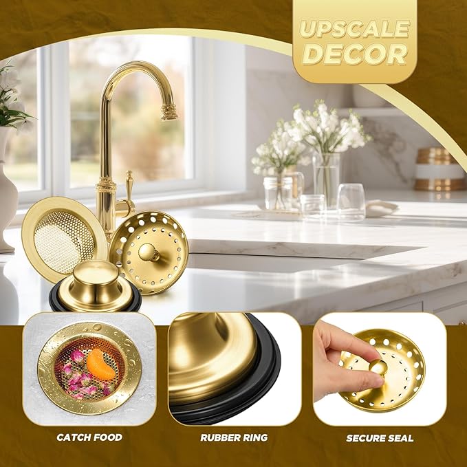 Mudder 3 Pcs Kitchen Sink Drain Strainer and Stopper Stainless Steel Garbage Disposal Plug with Handle Universal Anti-Clogging Kitchen Sink Filter Sieve Basket Strainer(Antique Gold)